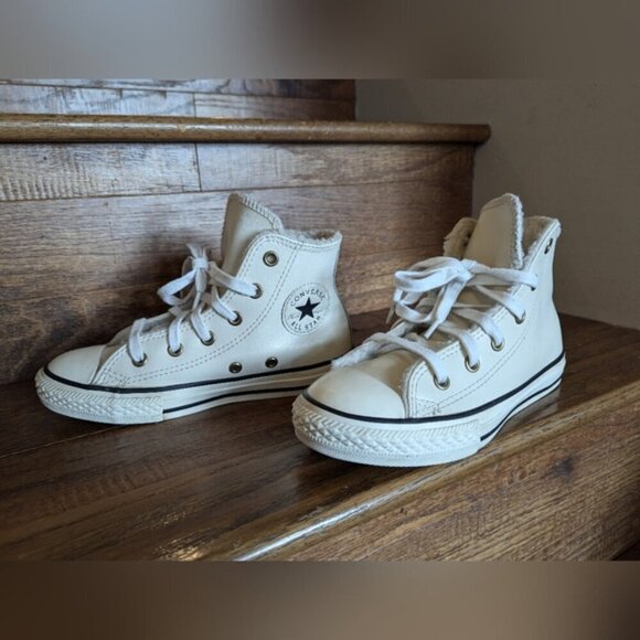 Converse Cream Faux Shearling Lined Leather Chuck Taylor Hi Top sneaker Size 13 - Picture 7 of 11
